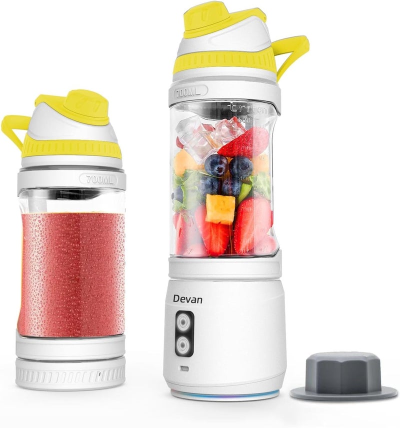 Devan Portable Blender, Anti-Jamming 300 Watt for Shakes and Smoothies, 24oz Travel Blender USB Rechargeable, BPA Free Sporty bottle with a Travel Lid. (Black Base Grey Lid) (White Base Yellow Lid) - Image 1